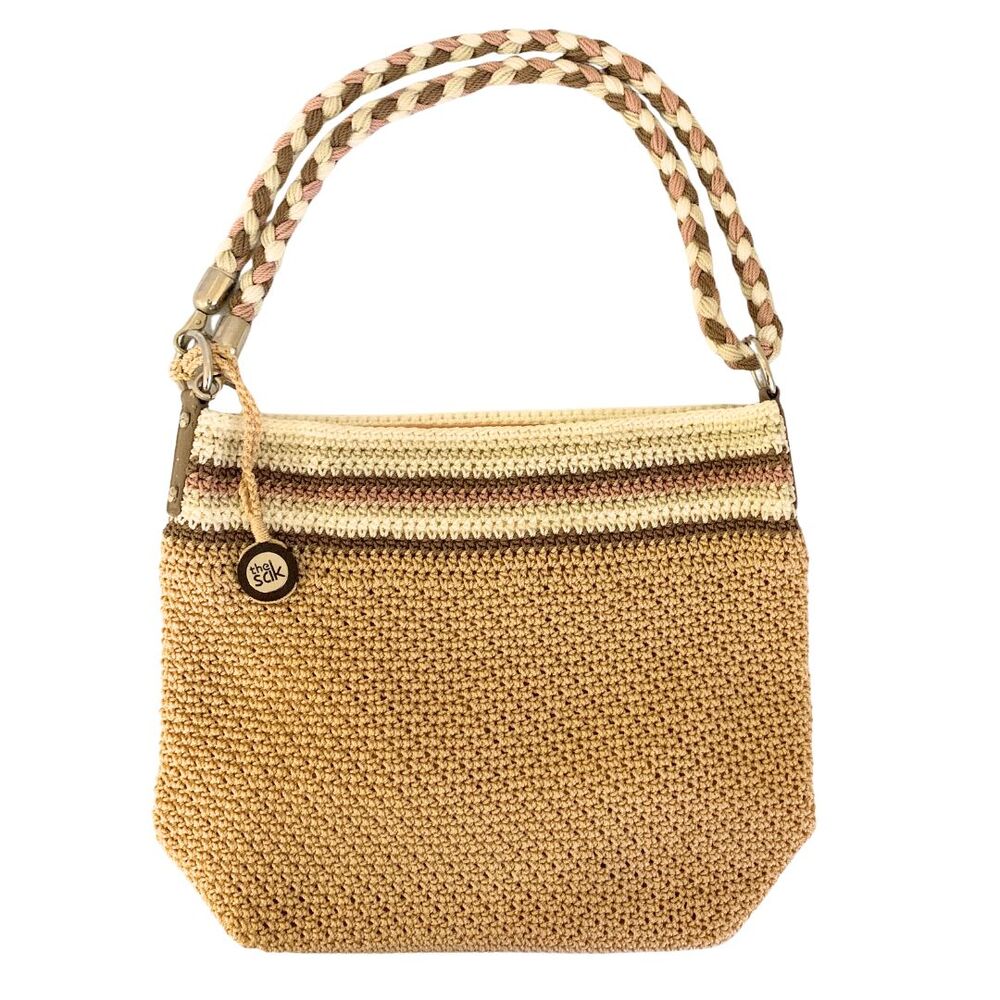 The Sak Woven Crochet Shoulder / Crossbody Bag Tan & Pink Braided Strap - Picture 1 of 13